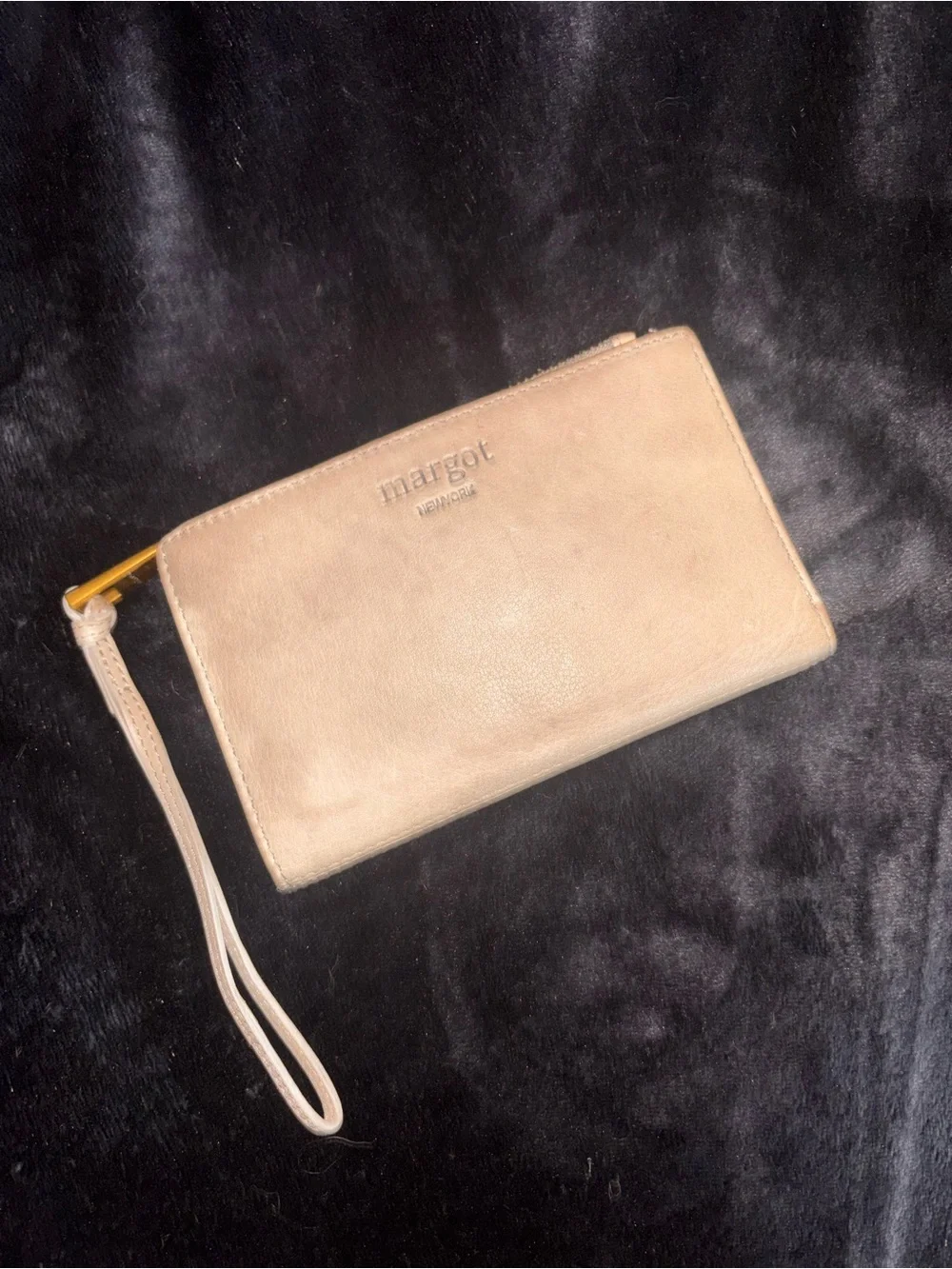 Margot New York Leather Wristlet Wallet Taupe Zip Around Clutch Organizer
